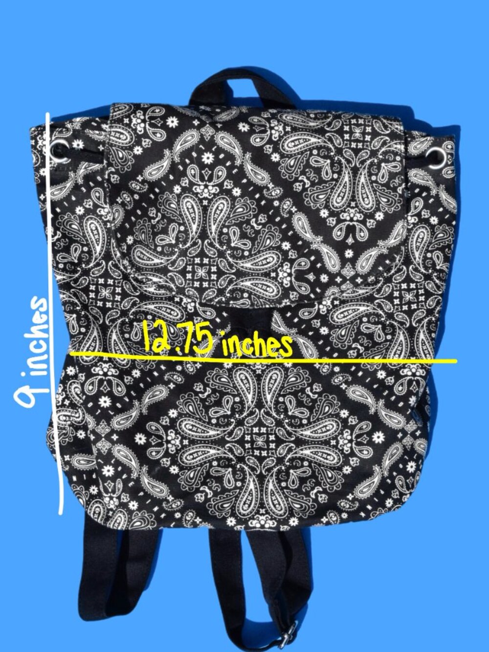 Mini canvas backpack featuring a bold black-and-white bandana/paisley print. Per - Picture 2 of 6